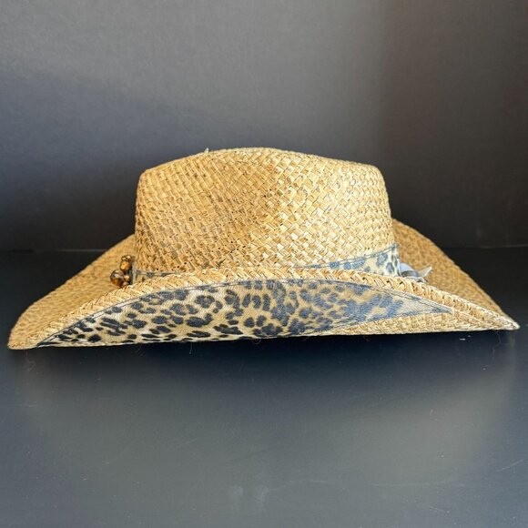 Leopard Print Straw Cowboy Hat With Rhinestone Embellishment & Adjustable Bow De - Picture 4 of 13